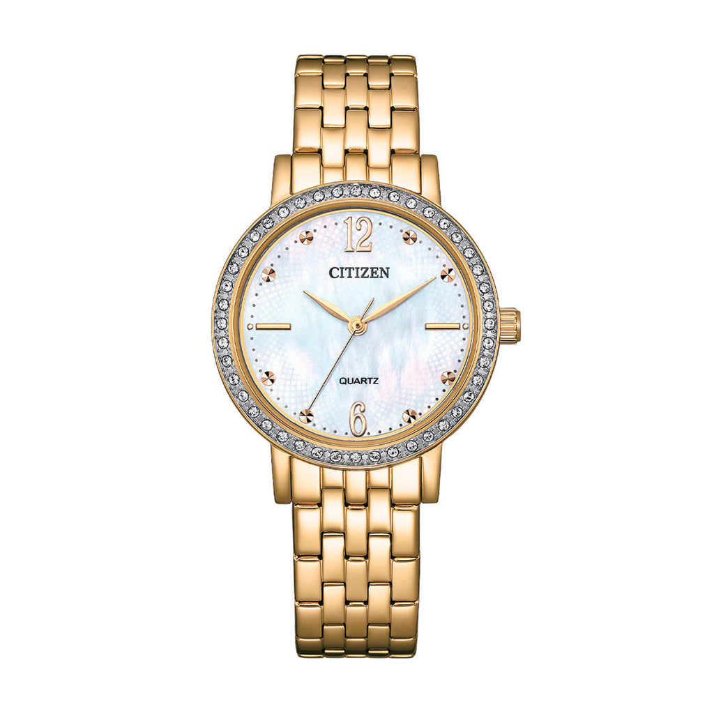 Citizen Gold Tone Mother Of Pearl Dial Crystal Set Watch EL3