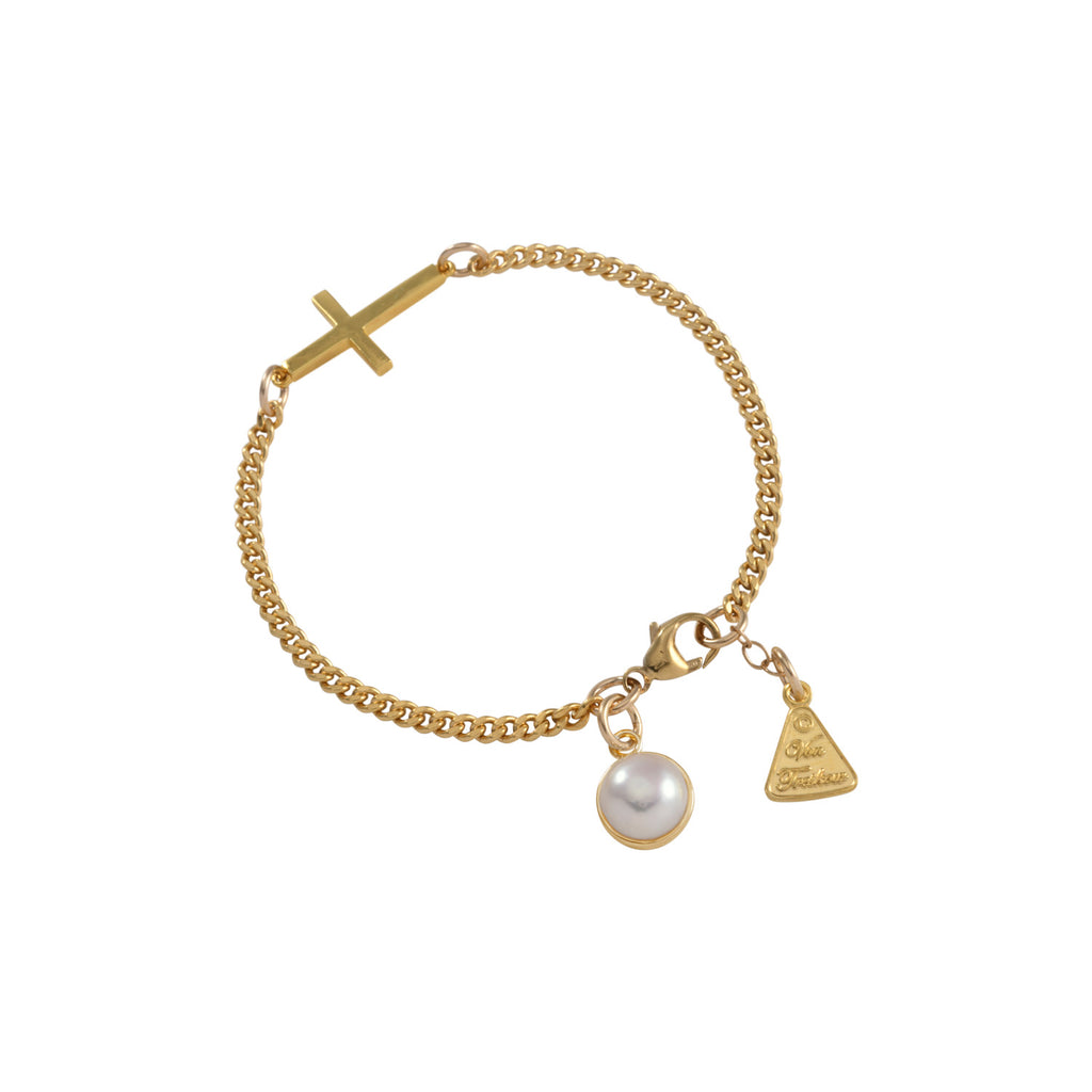 Von Treskow Gold Filled Cross & Pearl Charm Curb Bracelet FW