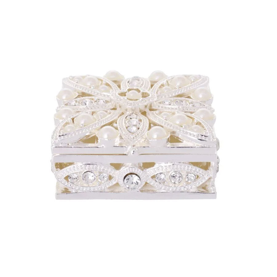 Silver Plated Pearl & Crystal Flower Rectangle Trinket Box