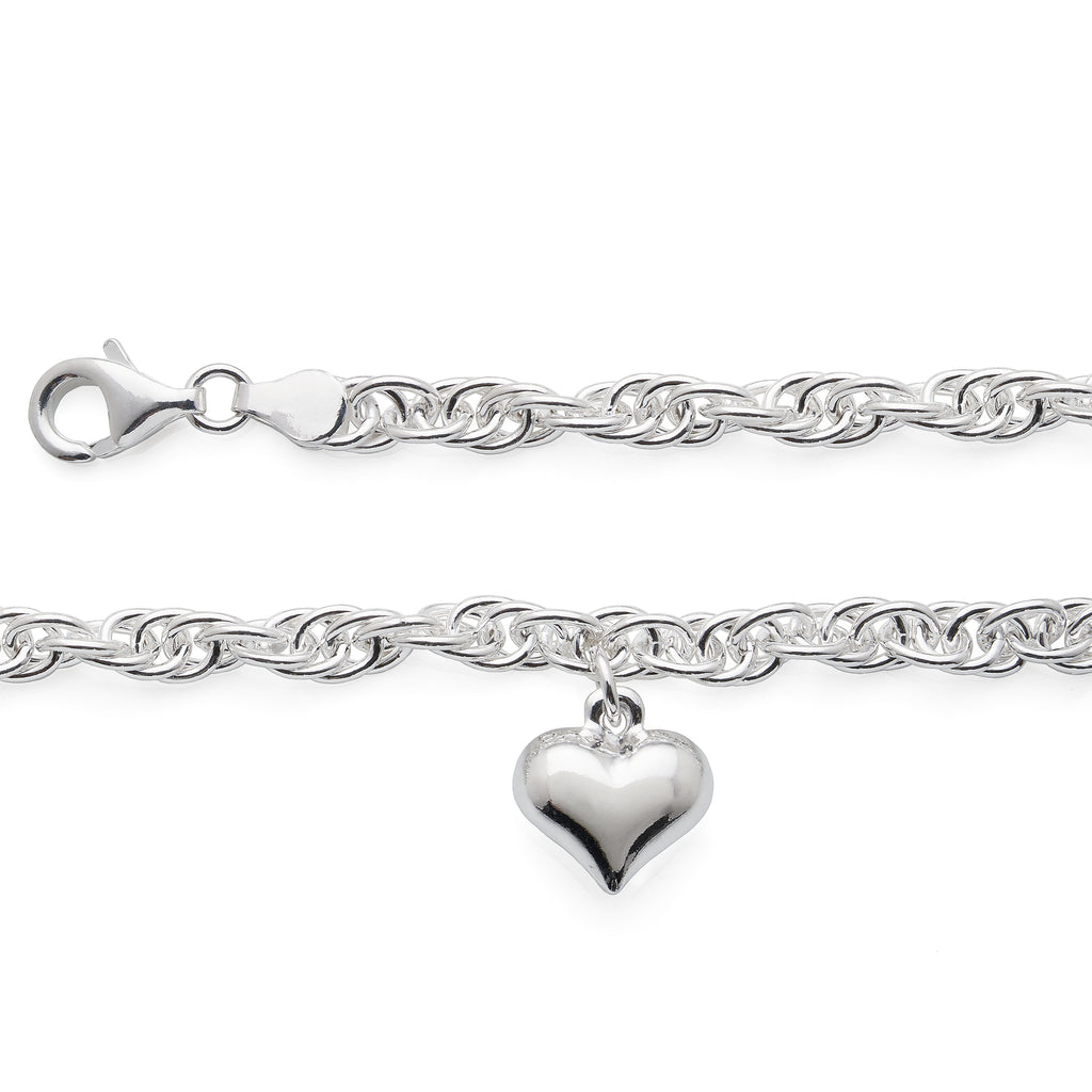 Sterling Silver Puff Heart Charm Open Rope Link Bracelet