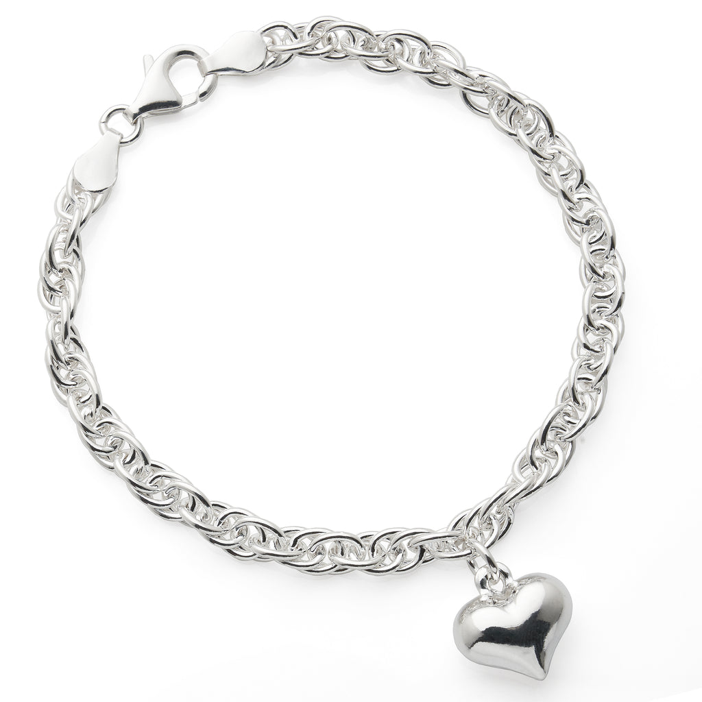 Sterling Silver Puff Heart Charm Open Rope Link Bracelet