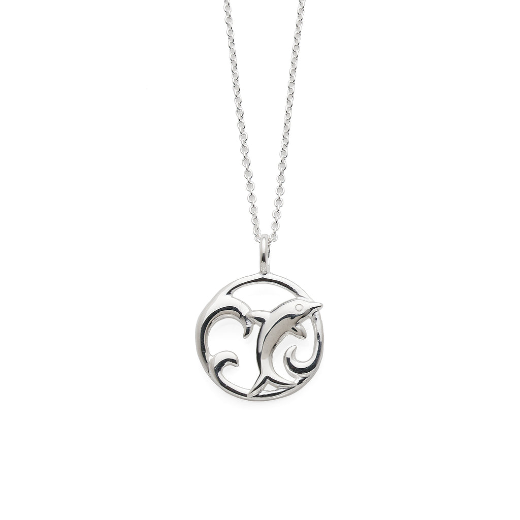 Sterling Silver Dolphin & Wave Open Circle Pendant On Trace