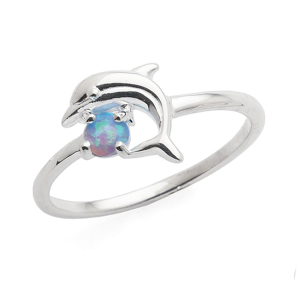 Sterling Silver Opal Look Dolphin Ring