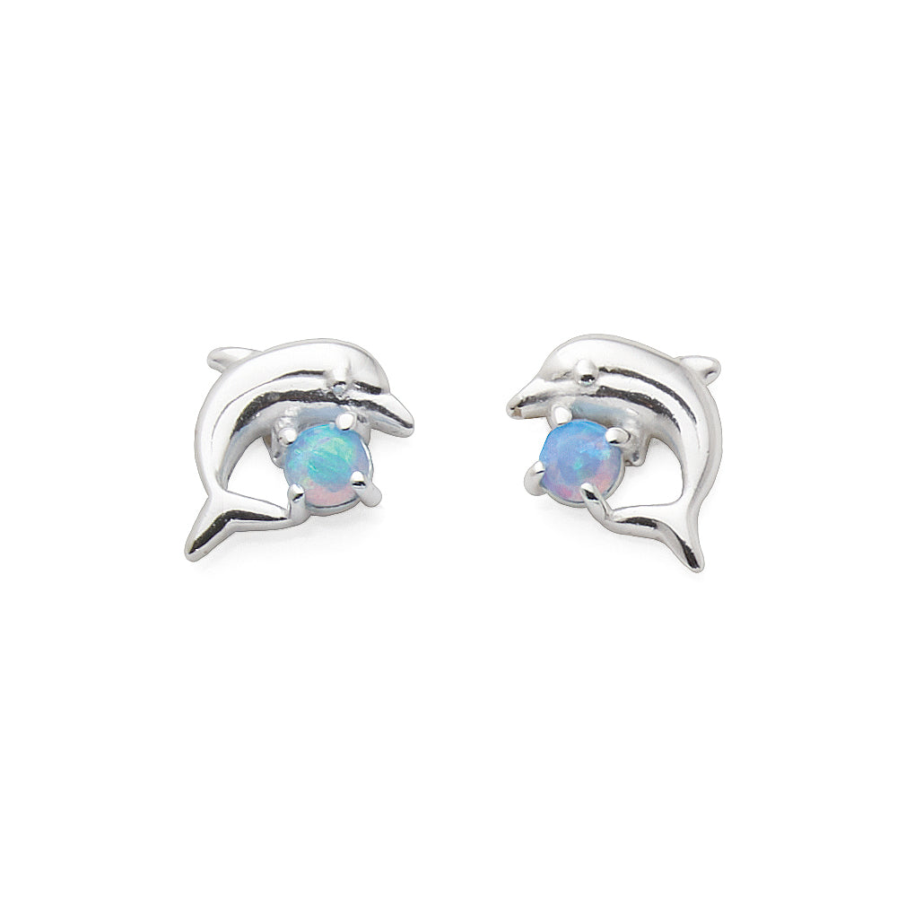 Sterling Silver Opal Look Dolphin Stud Earrings