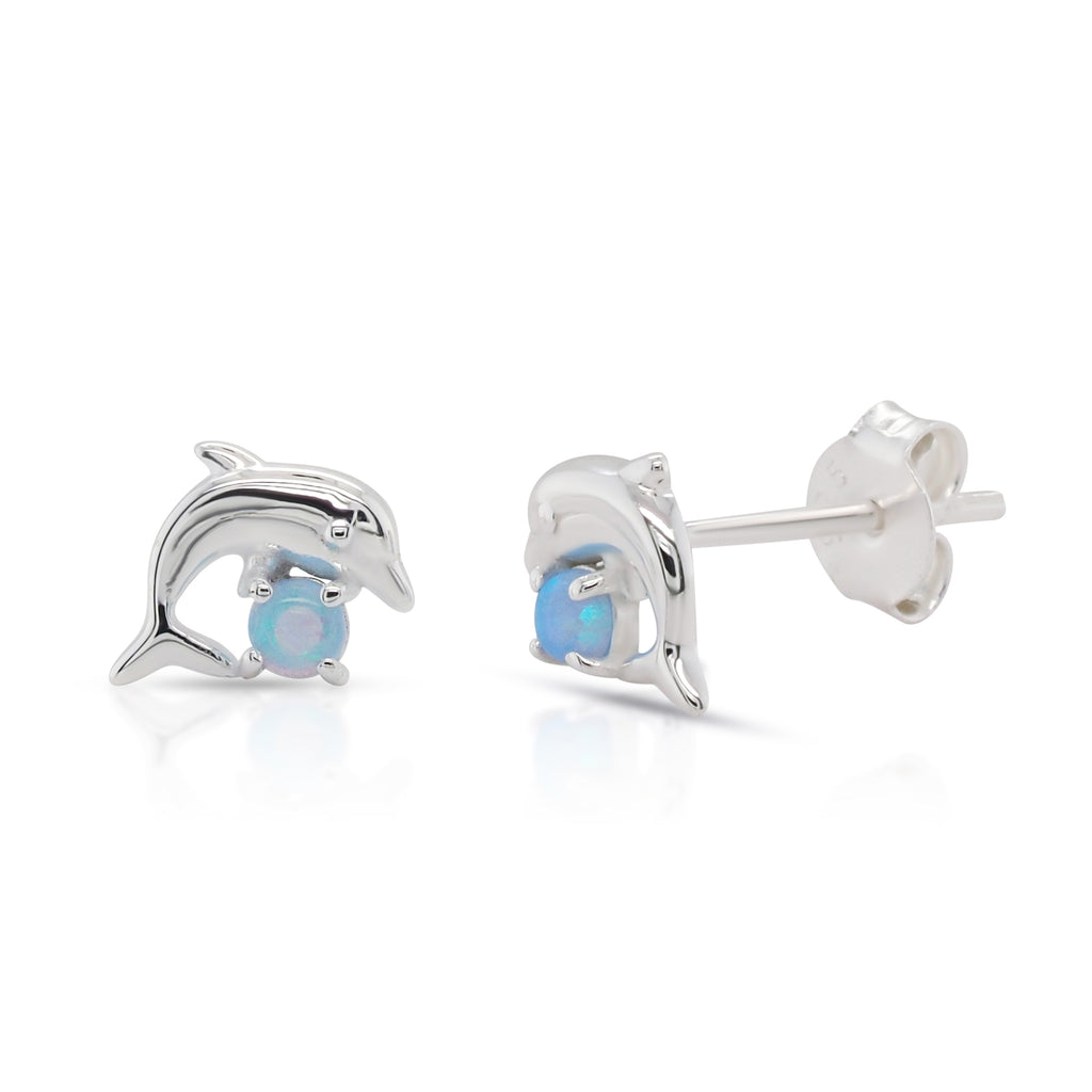 Sterling Silver Opal Look Dolphin Stud Earrings