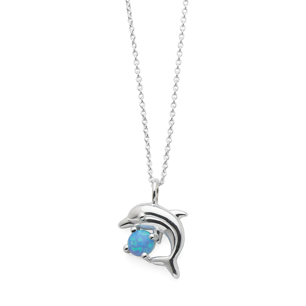 Sterling Silver Opal Look Dolphin Pendant On Trace Chain