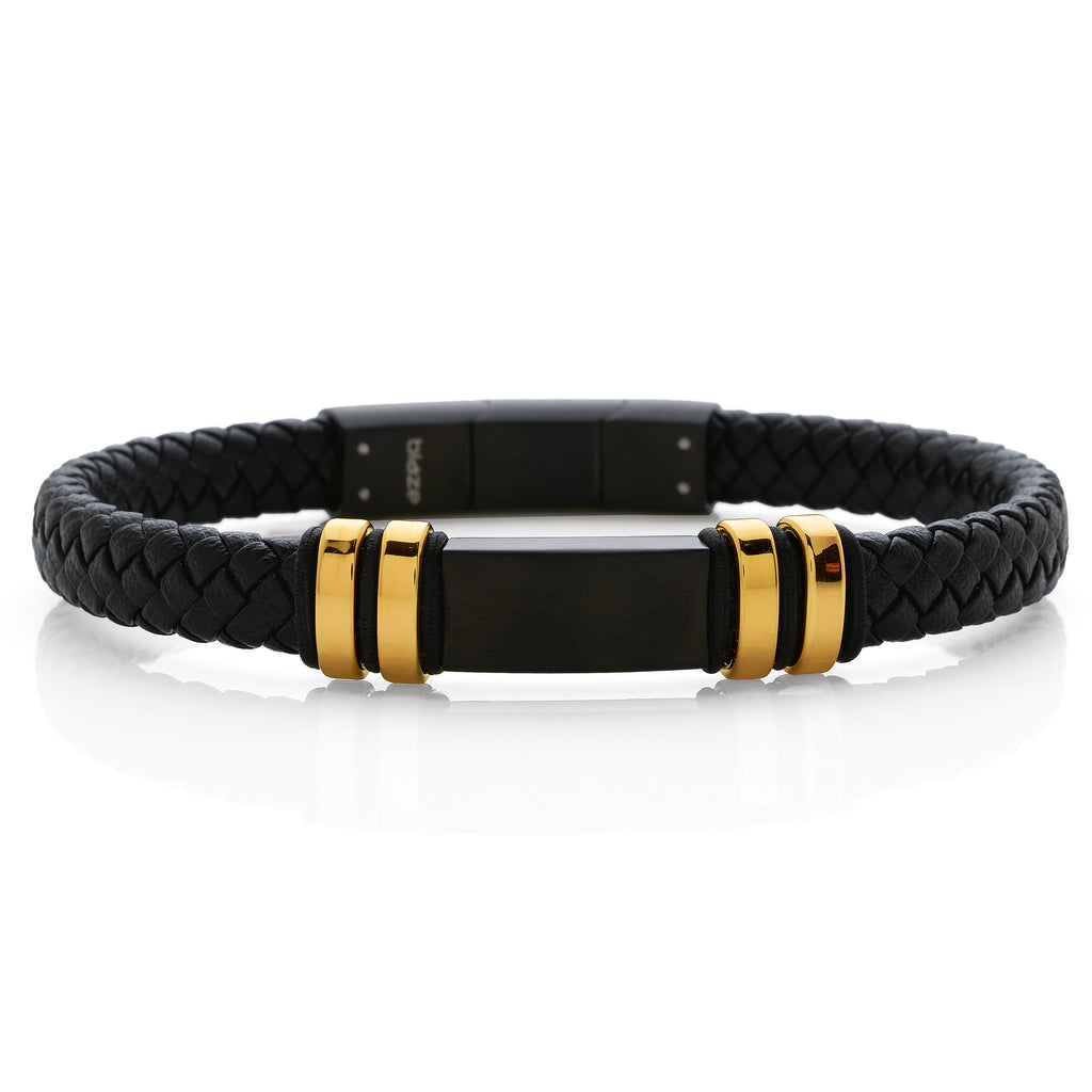 Blaze Black Plaited Leather & Gold Tone Stainless Steel Brac