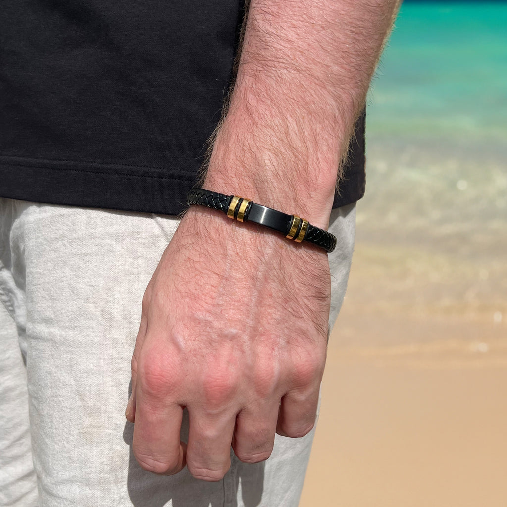 Blaze Black Plaited Leather & Gold Tone Stainless Steel Brac