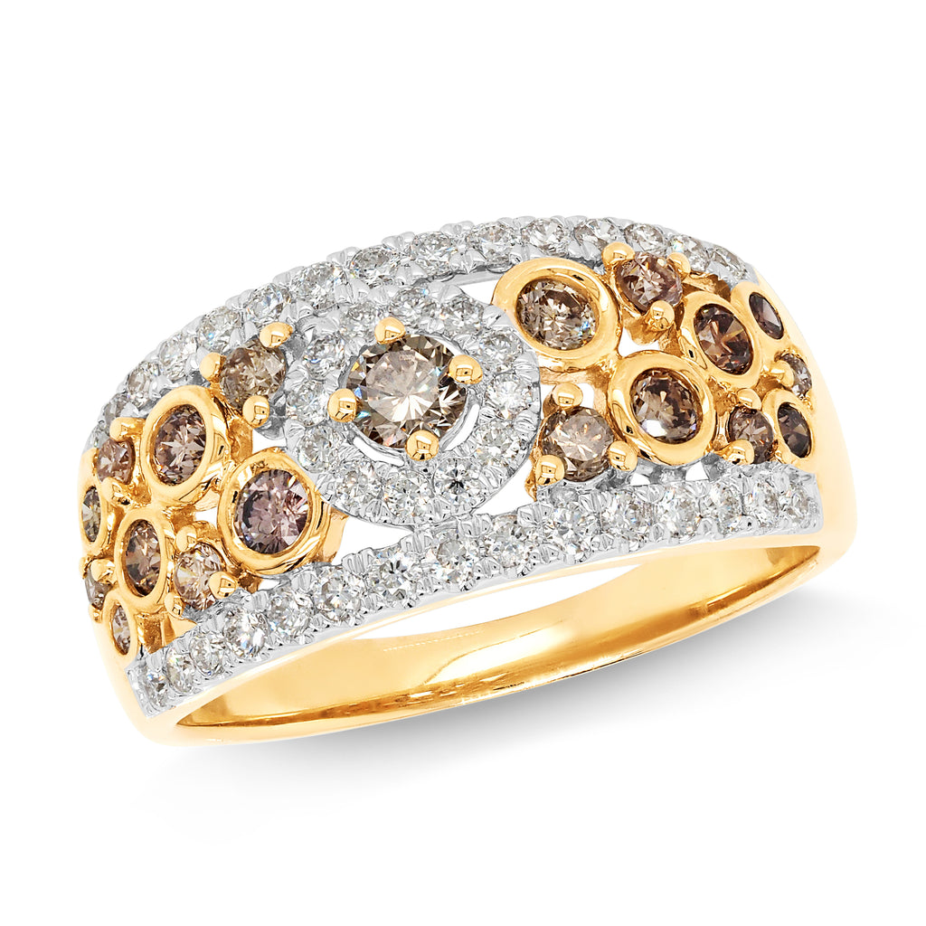 9ct Yellow Gold Cognac & White Diamond Band TDW 1.02CT