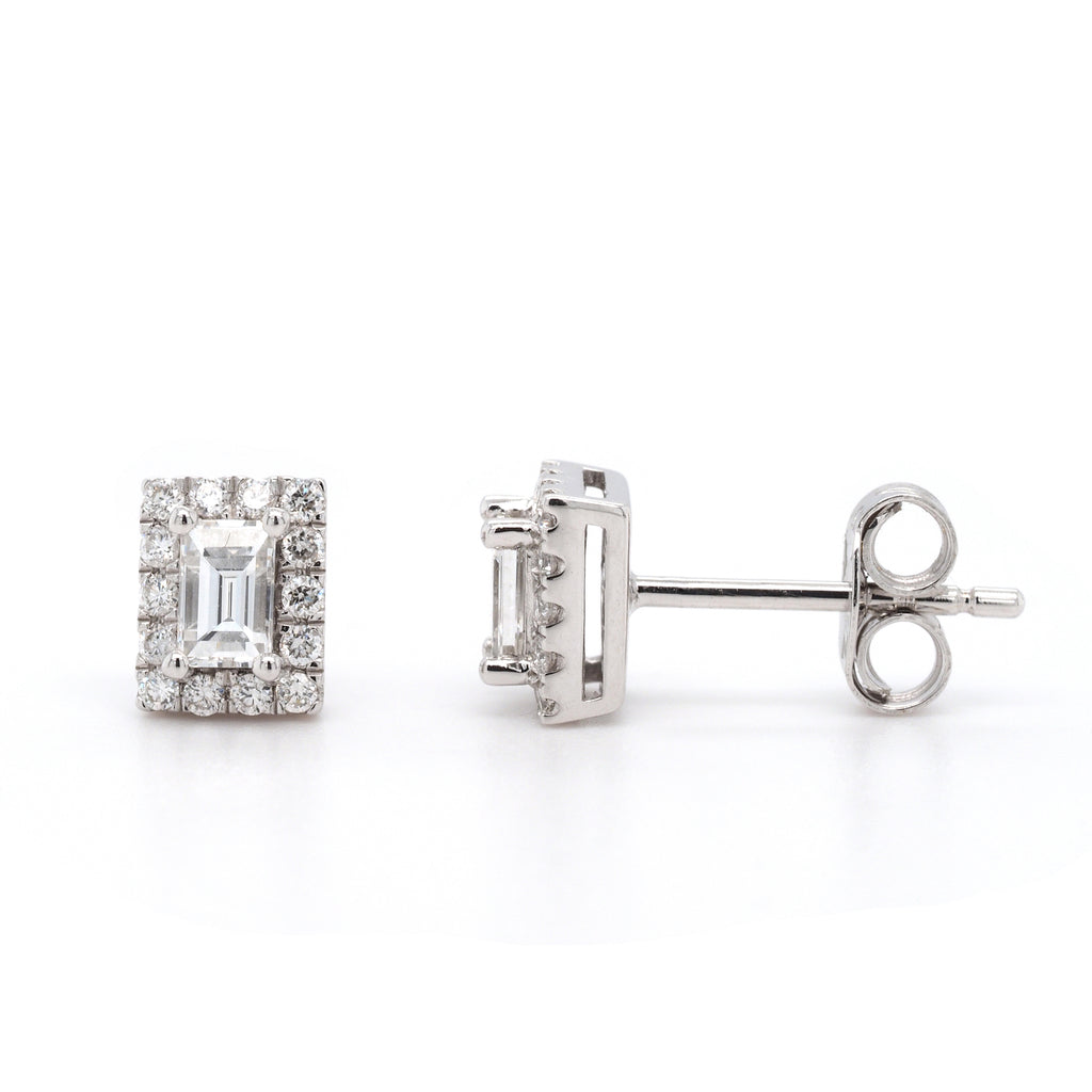 9ct White Gold Emerald Cut Diamond Halo Stud Earrings TDW 0.