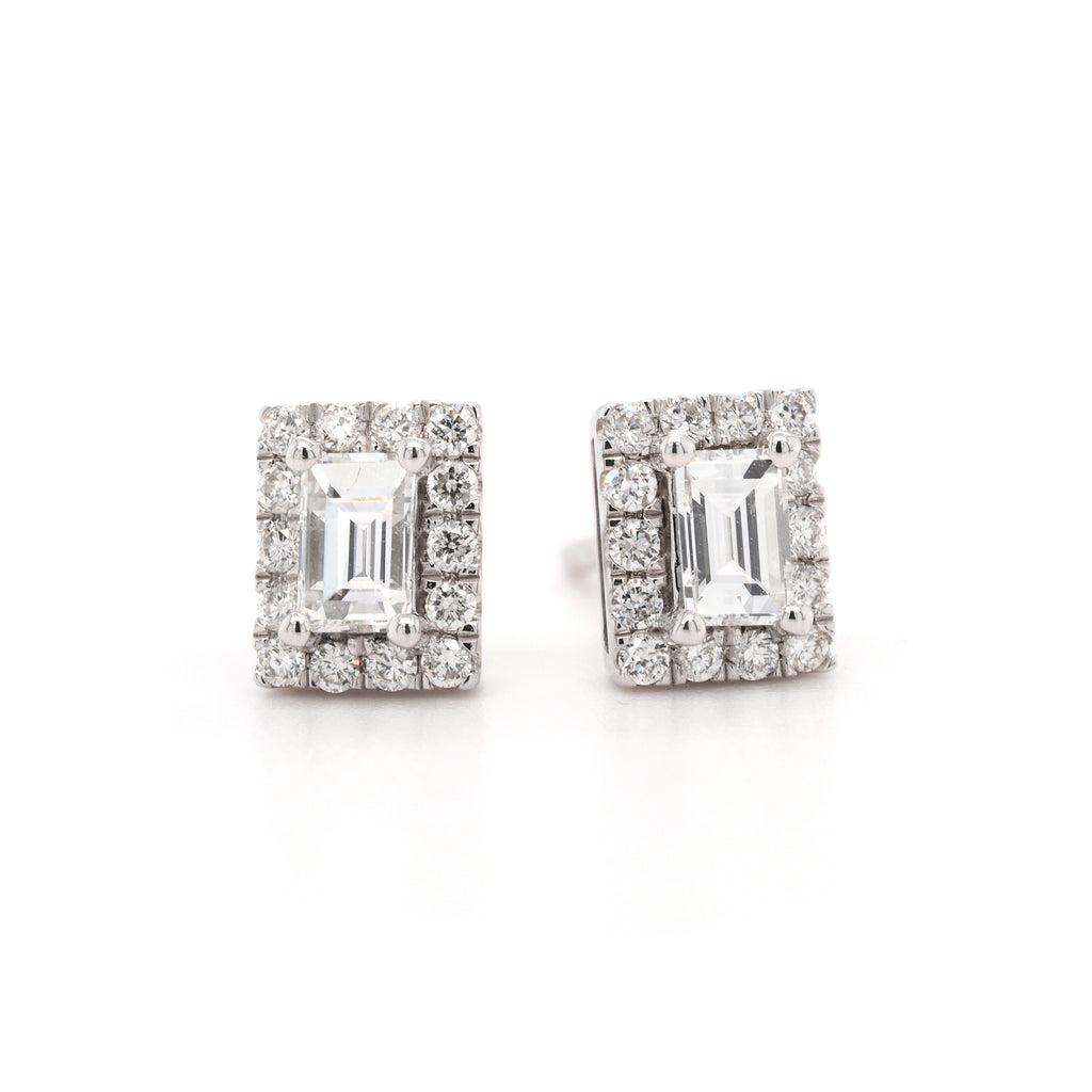 9ct White Gold Emerald Cut Diamond Halo Stud Earrings TDW 0.