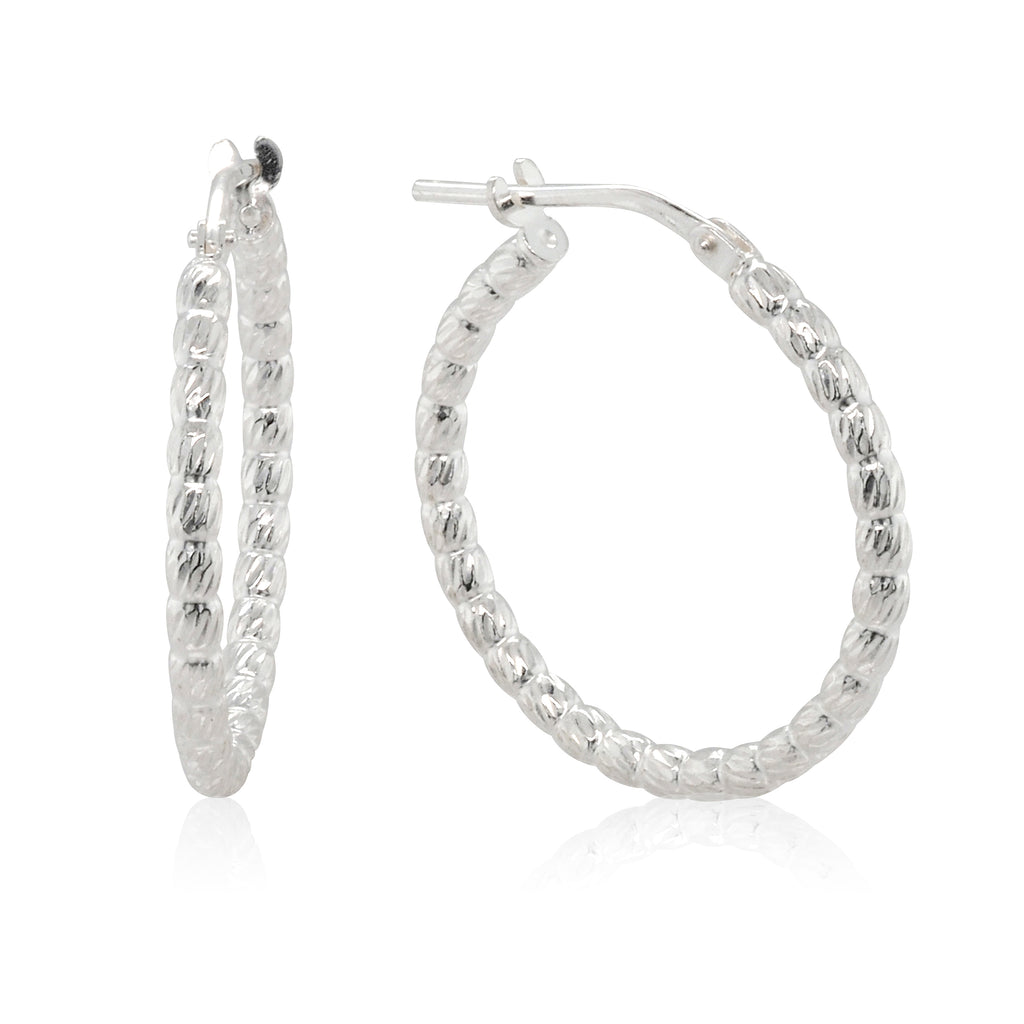 Sterling Silver Beaded Patterned 20mm Hoop Earrings