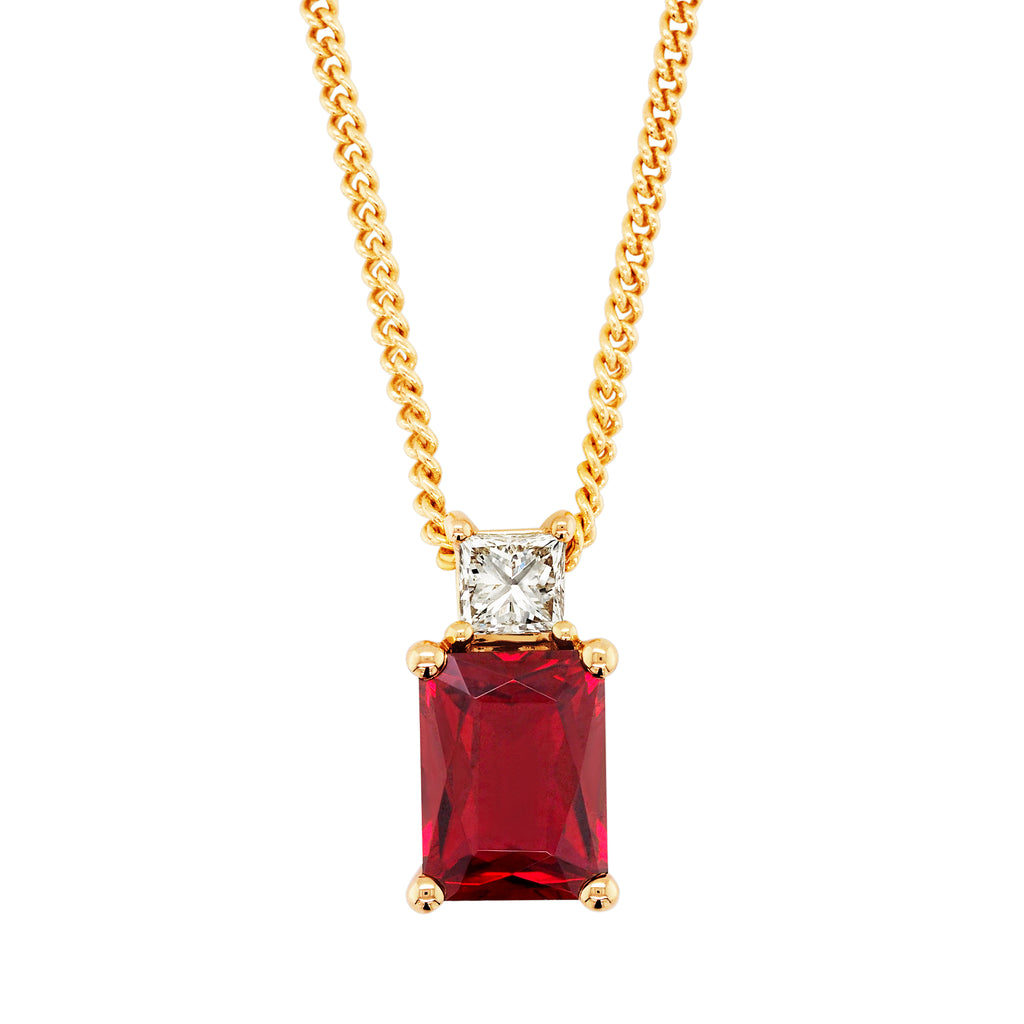 9ct Yellow Gold Emerald Cut Created Ruby & Diamond Pendant T