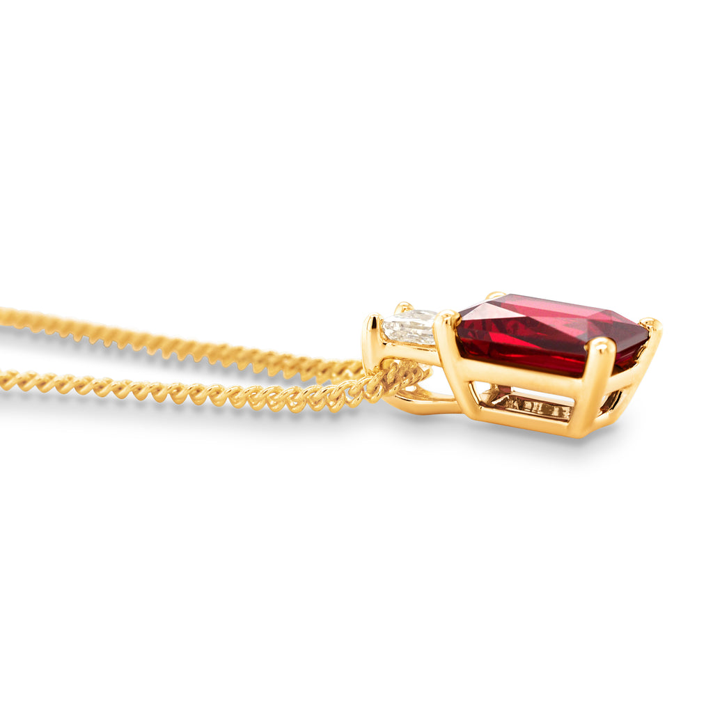 9ct Yellow Gold Emerald Cut Created Ruby & Diamond Pendant T