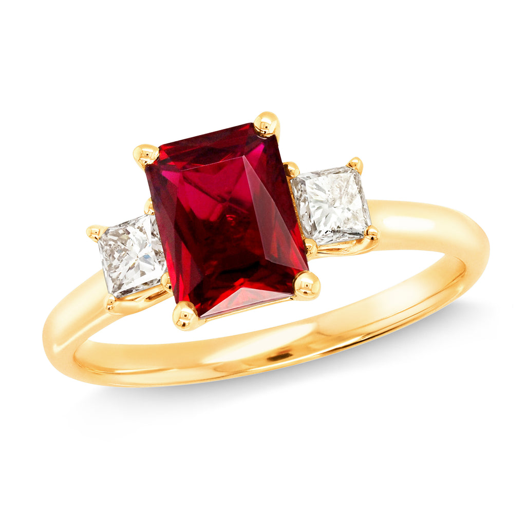 9ct Yellow Gold Emerald Cut Created Ruby & Diamond Ring TDW