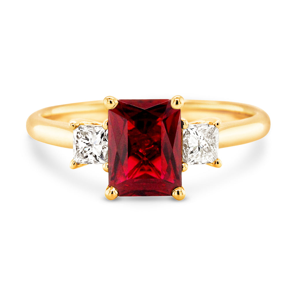 9ct Yellow Gold Emerald Cut Created Ruby & Diamond Ring TDW