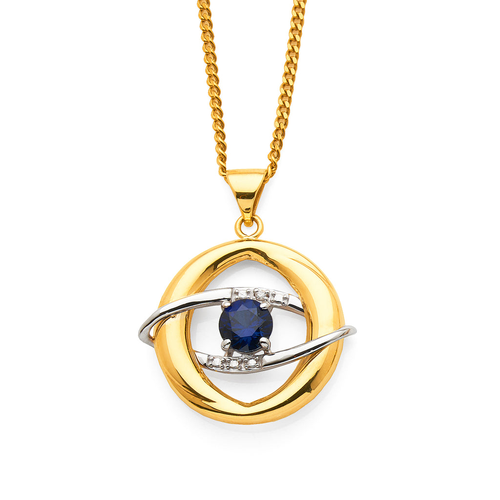 9ct 2-Tone Gold Created Sapphire & Diamond Open Circle Penda