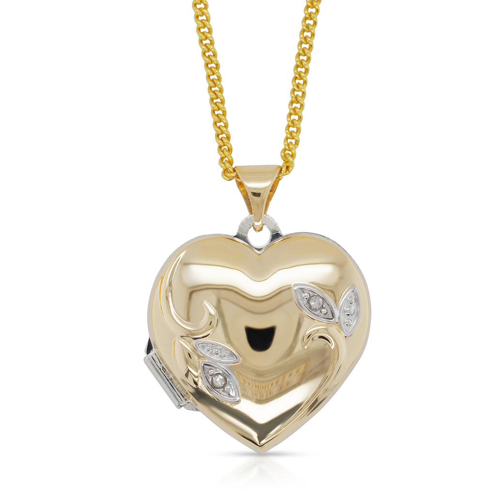 9ct Yellow Gold & Sterling Silver Diamond Set Leaf Heart Loc