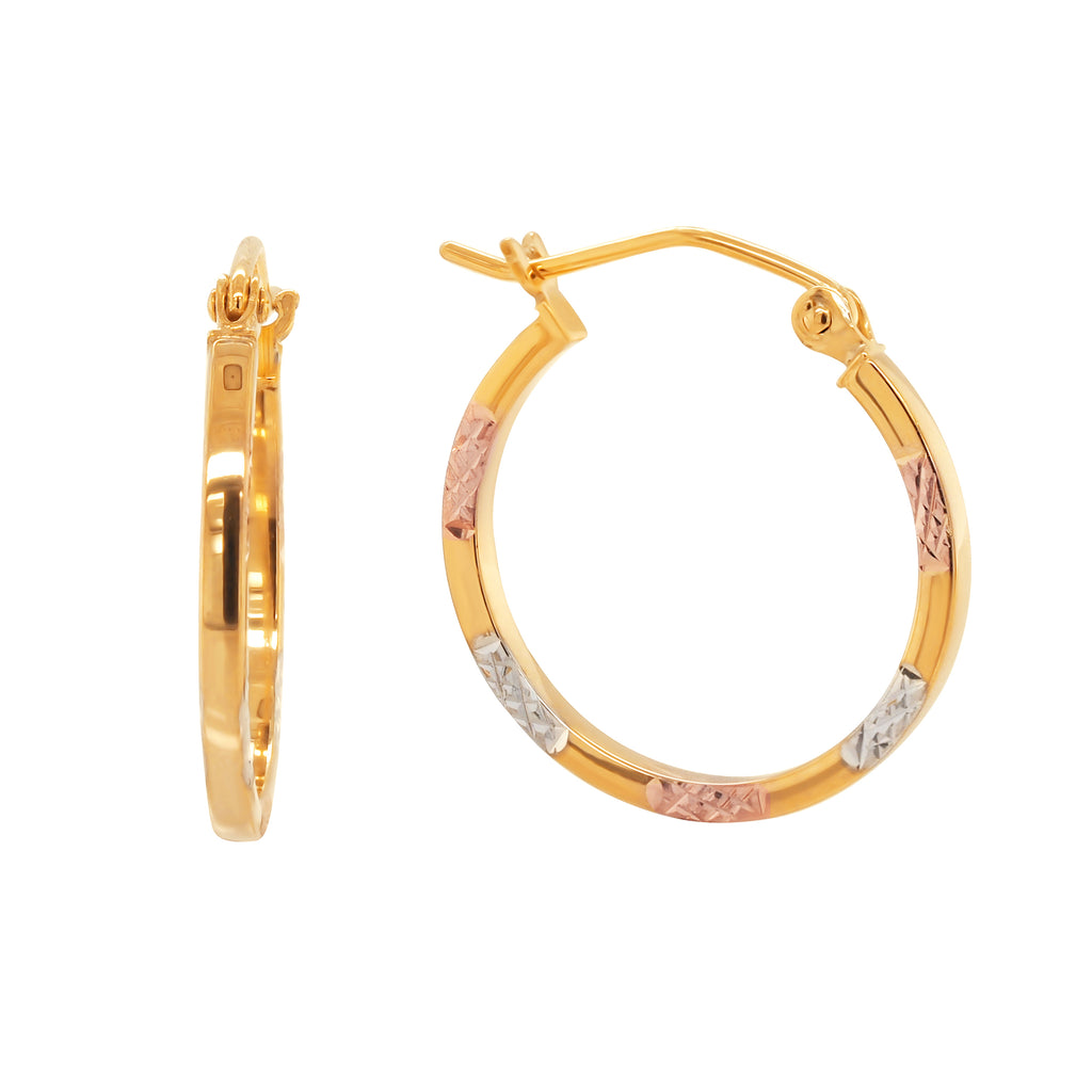 9ct 3-Tone Gold Bonded Square Tube 15mm Hoop Earrings