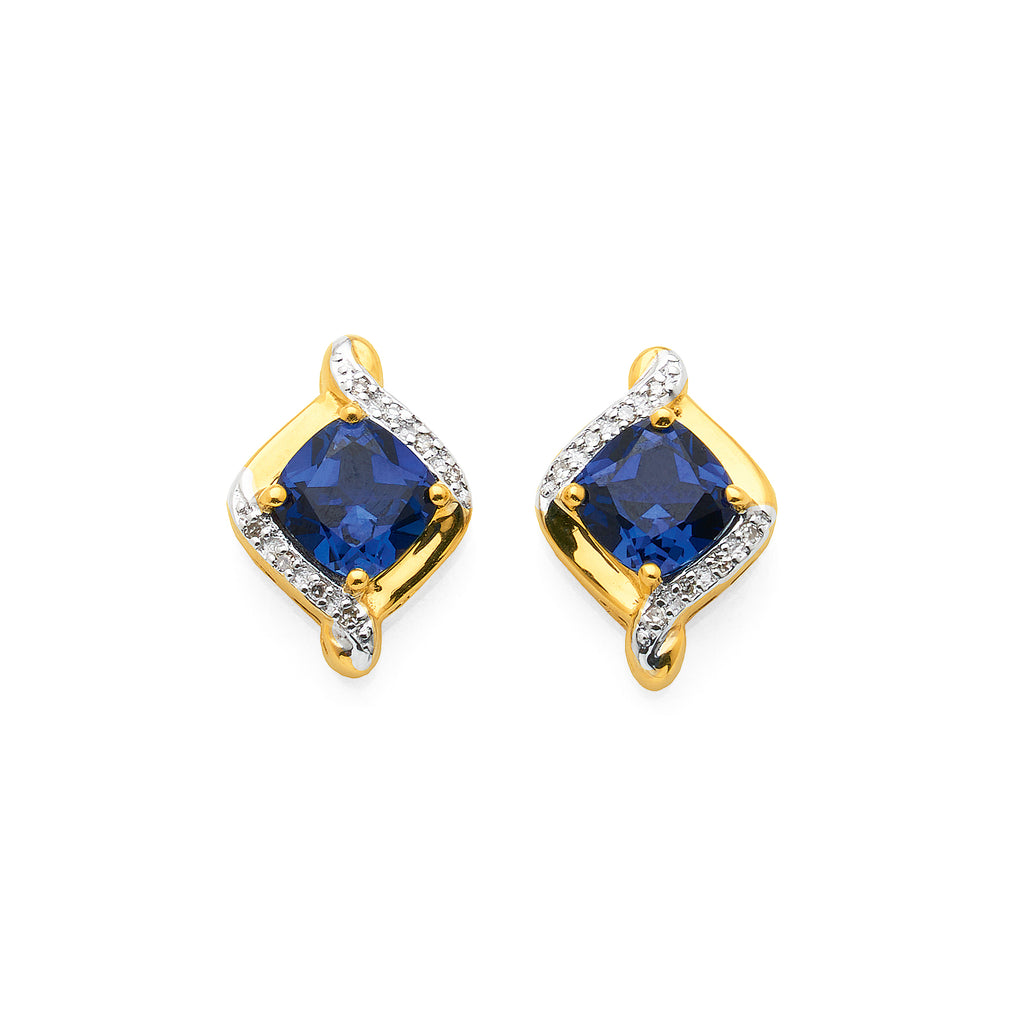 9ct Yellow Gold Cushion Cut Created Ceylon Sapphire & Diamon