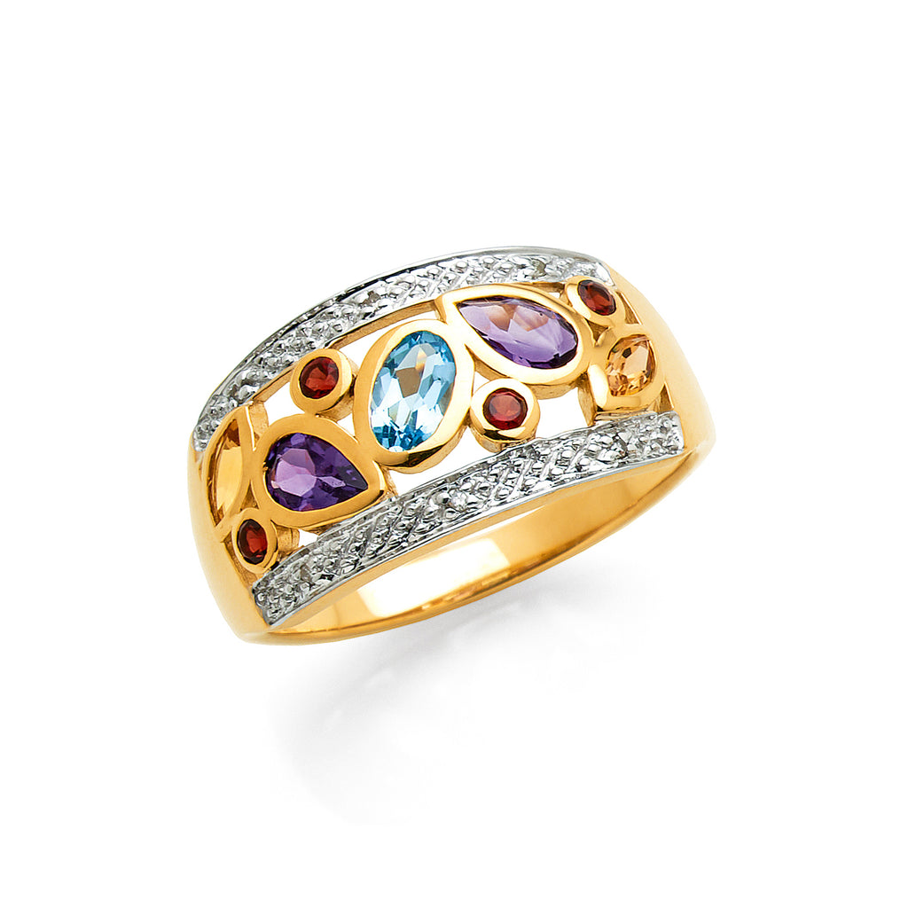 9ct Yellow Gold Topaz, Amethyst, Citrine, Garnet & Diamond W