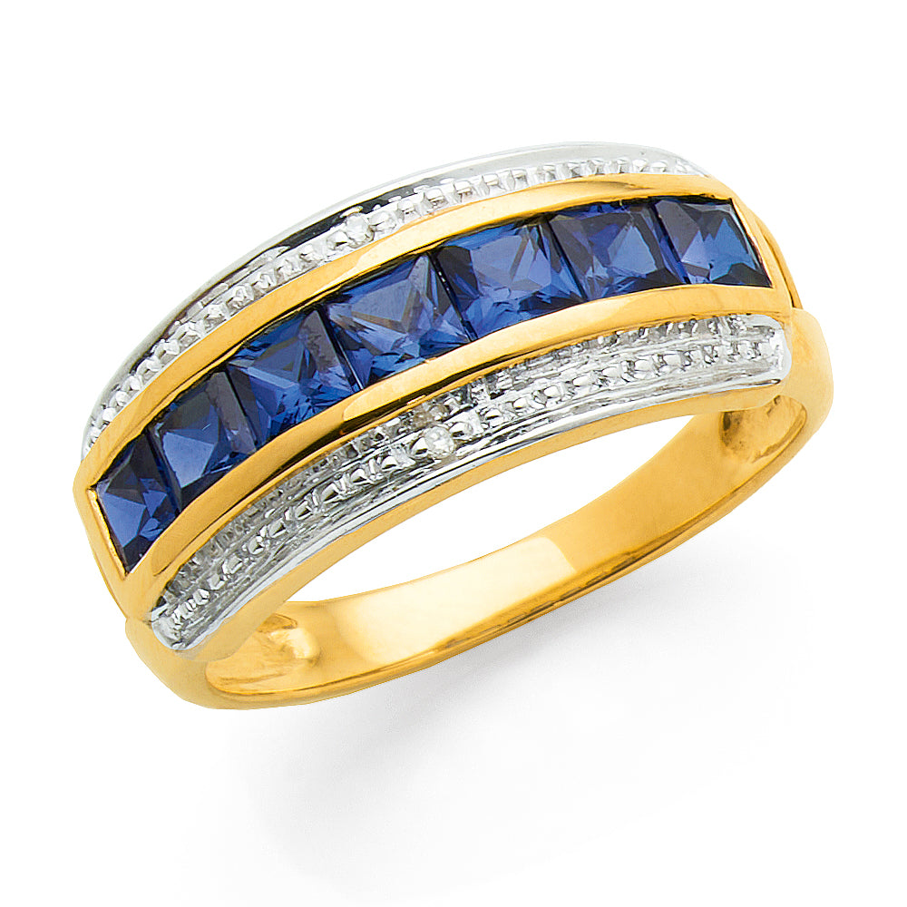 9ct Yellow Gold Princess Cut Created Ceylon Sapphire & Diamo