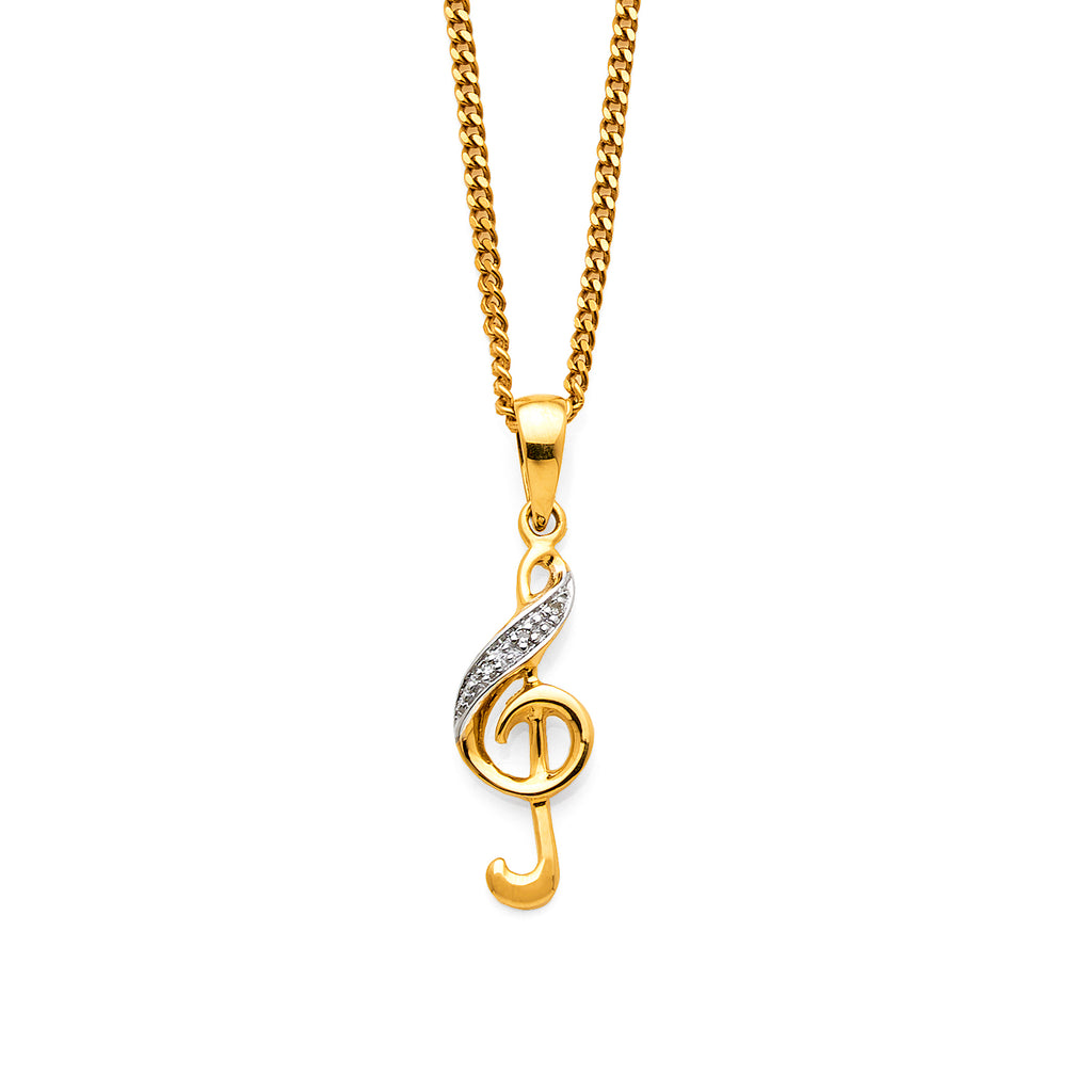 9ct Yellow Gold Diamond Illusion Set Treble Clef Pendant