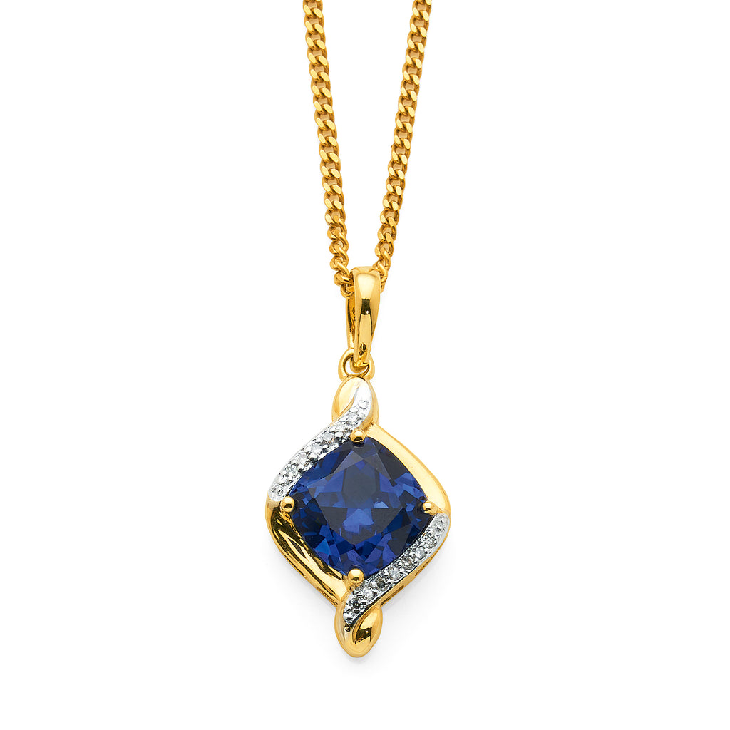 9ct Yellow Gold Cushion Cut Created Ceylon Sapphire & Diamon