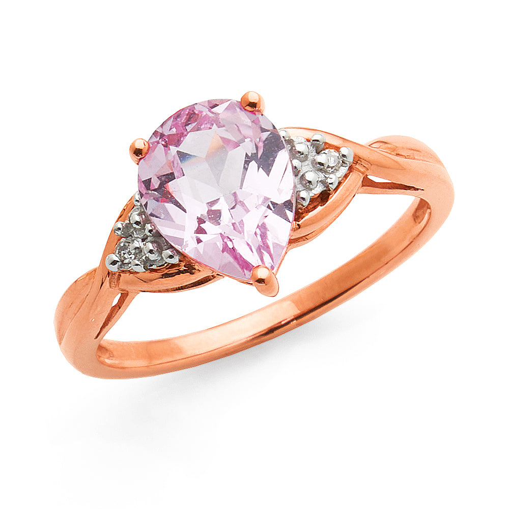 9ct Rose Gold Pear Shaped Created Peach Sapphire & Diamond R