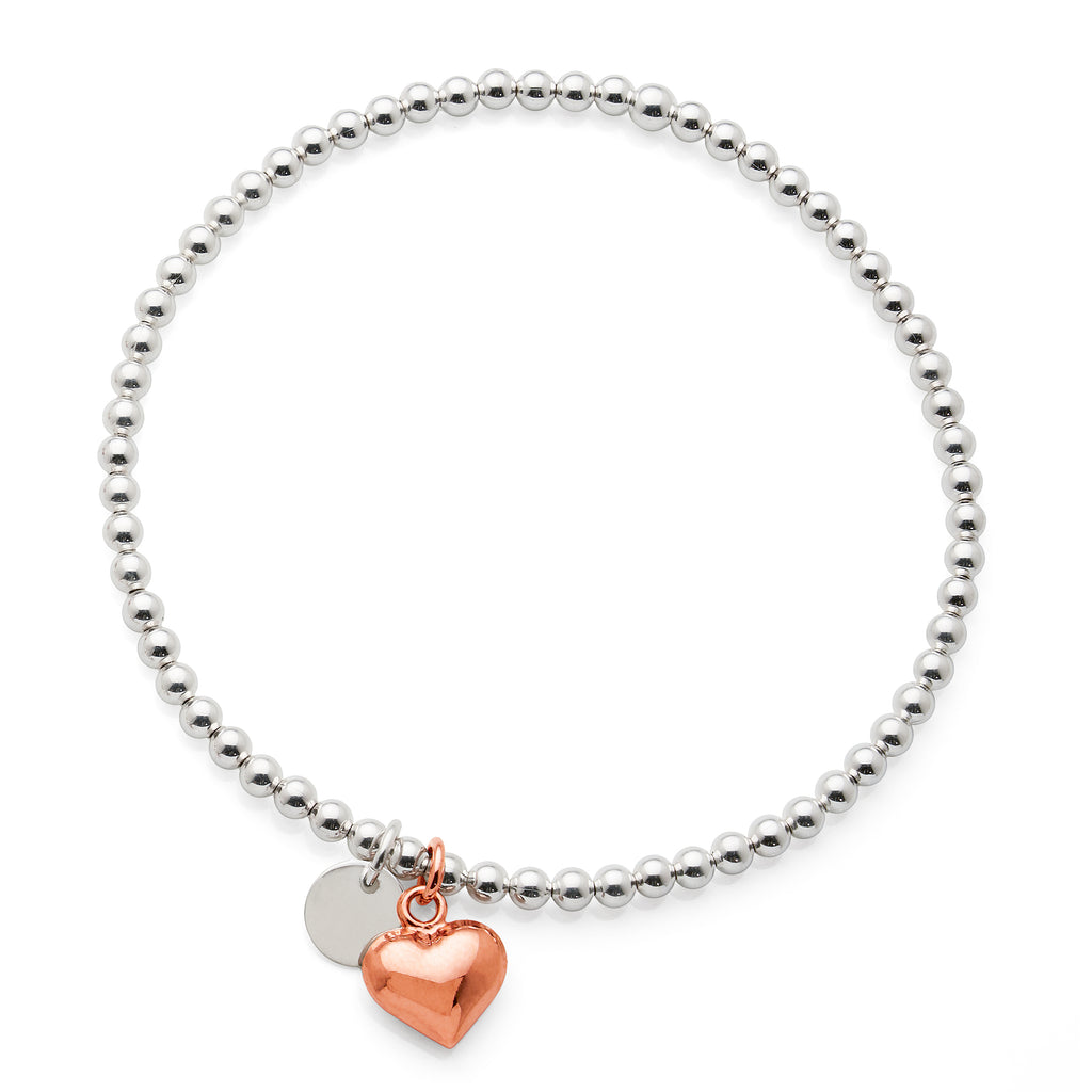 Sterling Silver & Rose Tone Puff Heart Charm Stretch Ball Br