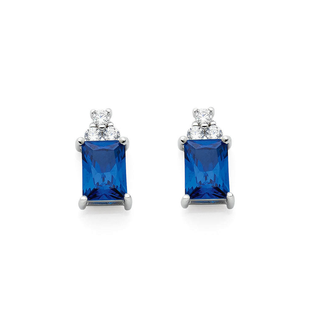 Sterling Silver 7x5mm Rectangular Blue Cubic Zirconia Stud E