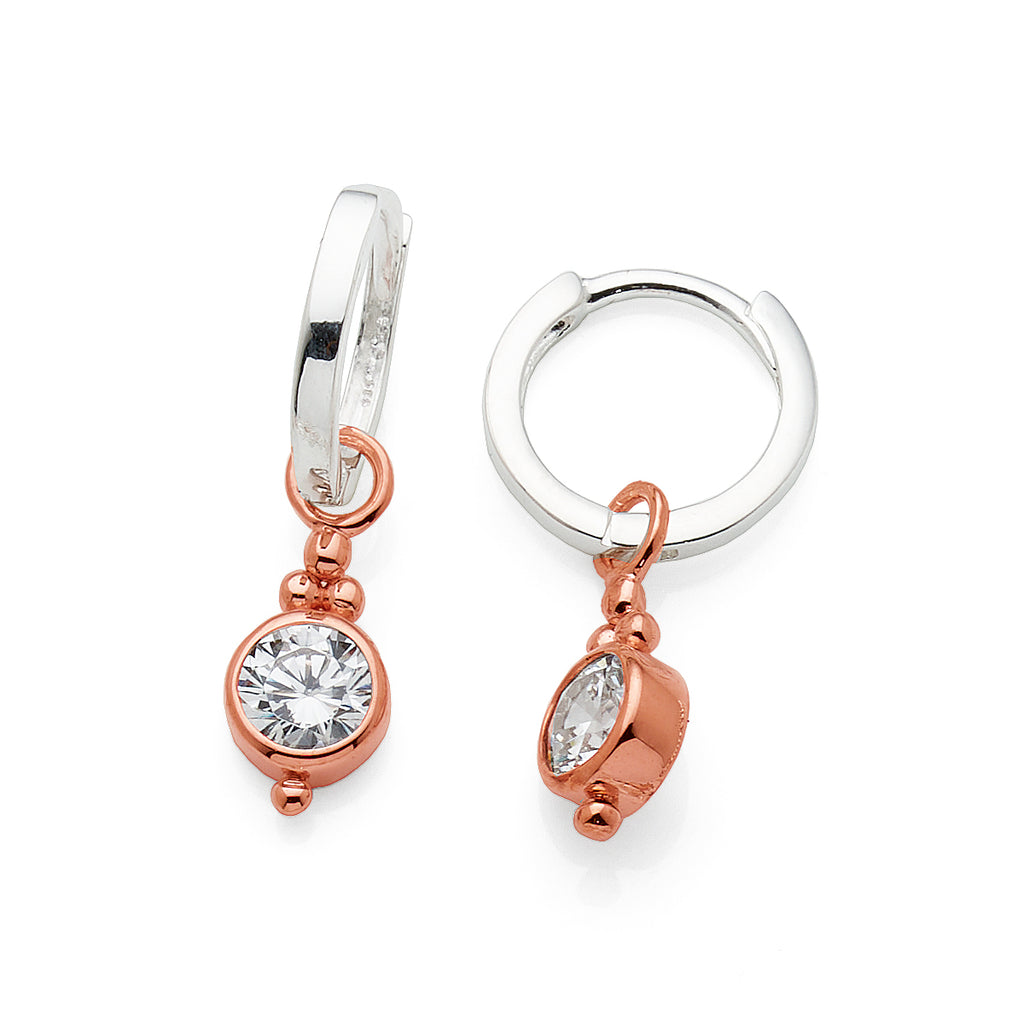 Sterling Silver & Rose Tone Hanging Cubic Zirconia Charm 9mm