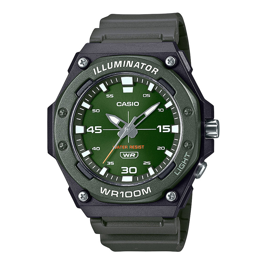 Casio Illuminator Green Dial Black Resin Analogue Watch MW62