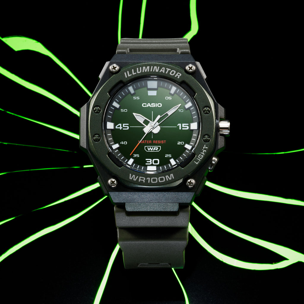 Casio Illuminator Green Dial Black Resin Analogue Watch MW62