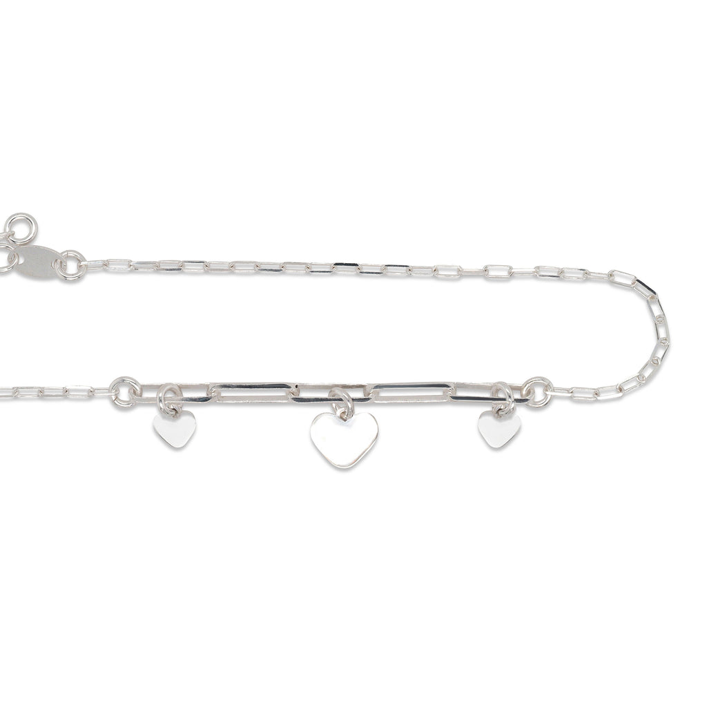 Sterling Silver Paperclip Hanging Heart Charm Bracelet