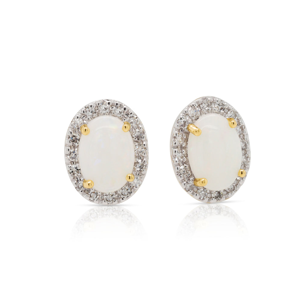 9ct Gold Oval Cabochon Cut Opal & Diamond Halo Stud Earrings