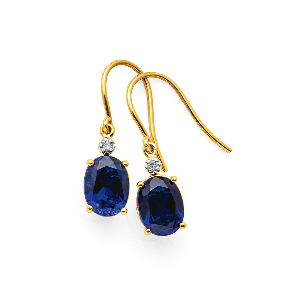 9ct Yellow Gold Oval Created Sapphire & Diamond Hook Earring