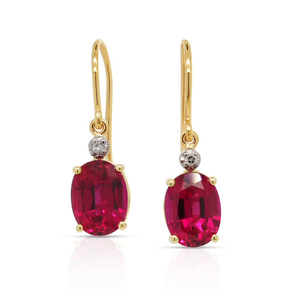 9ct Yellow Gold Oval Created Ruby & Diamond Hook Earrings