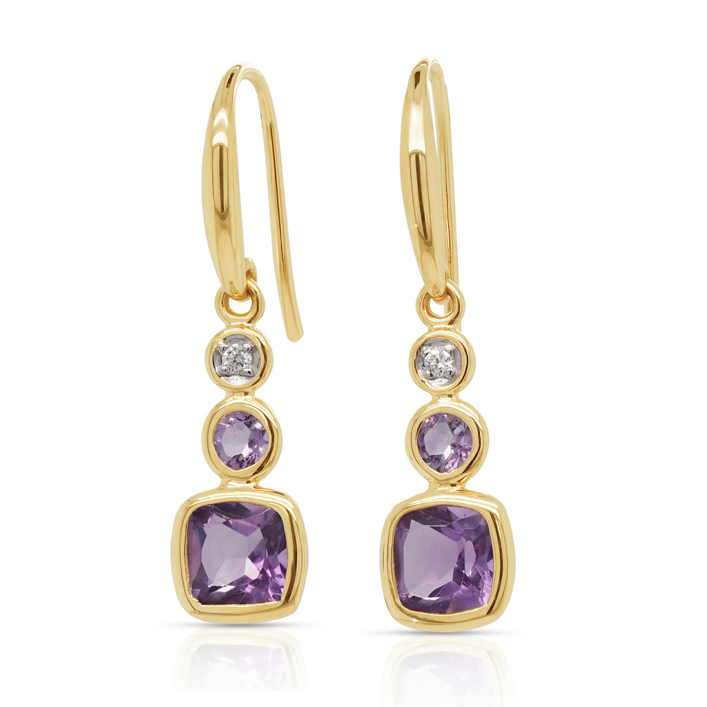 9ct Yellow Gold Pink Amethyst & Diamond Hook Earrings