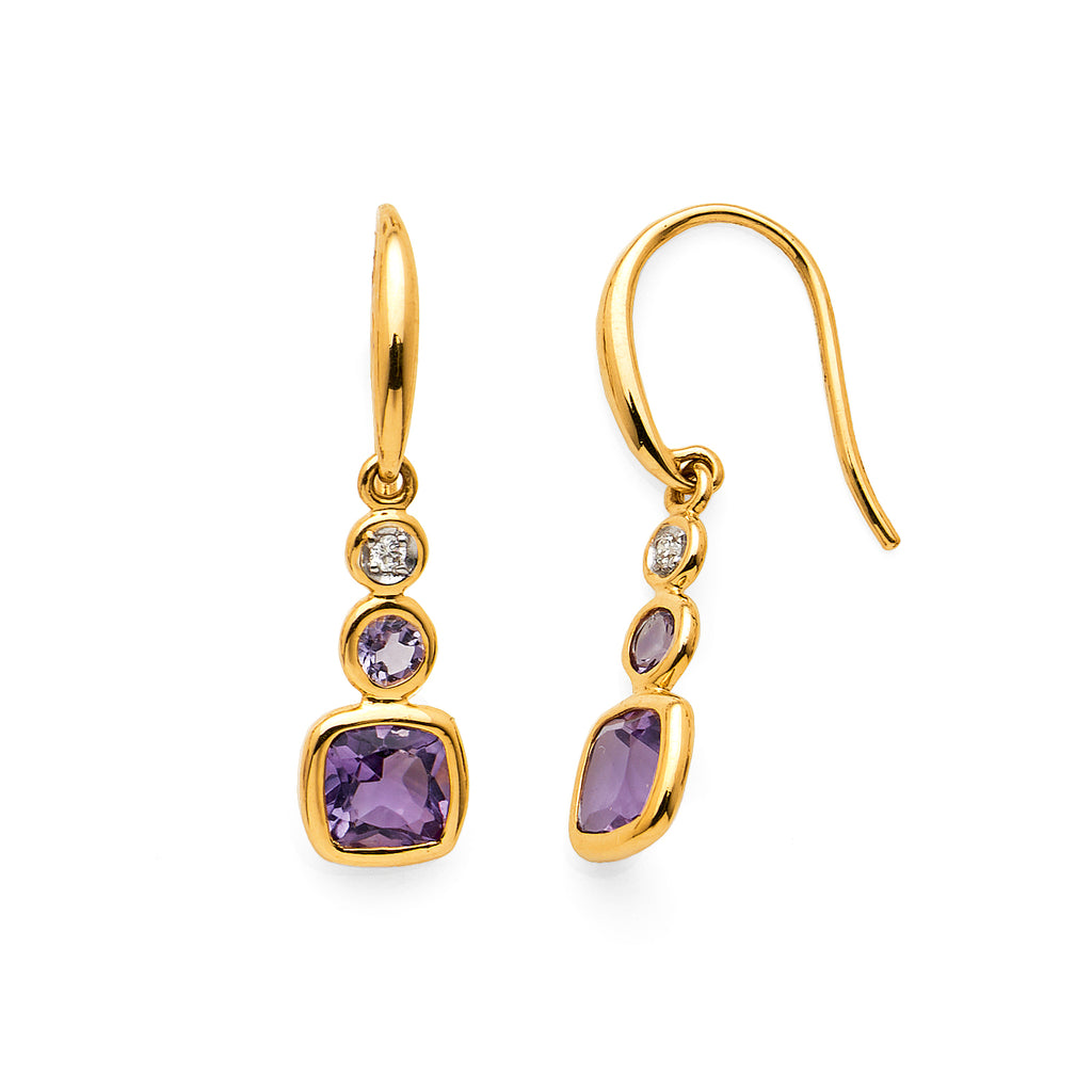 9ct Yellow Gold Pink Amethyst & Diamond Hook Earrings