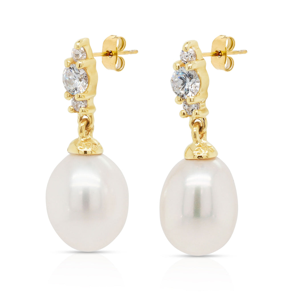 9ct Yellow Gold Freshwater Pearl & Cubic Zirconia Drop Stud