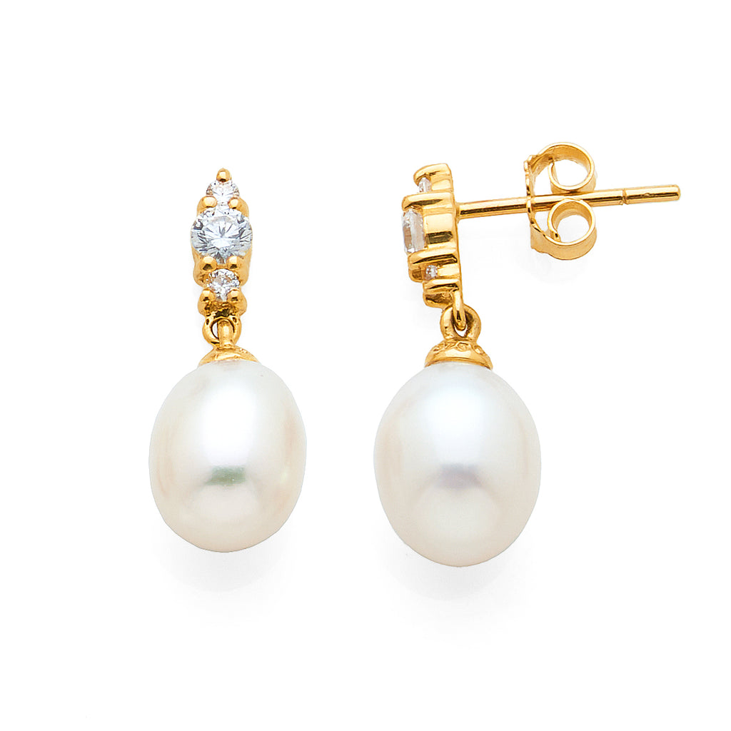 9ct Yellow Gold Freshwater Pearl & Cubic Zirconia Drop Stud