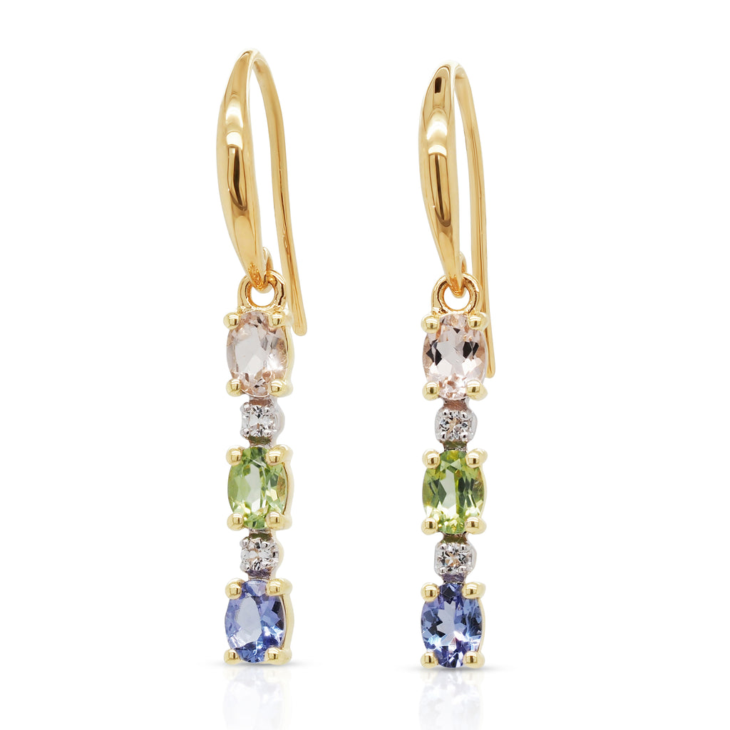 9ct Gold Alternating Mixed Gemstone Drop Hook Earrings