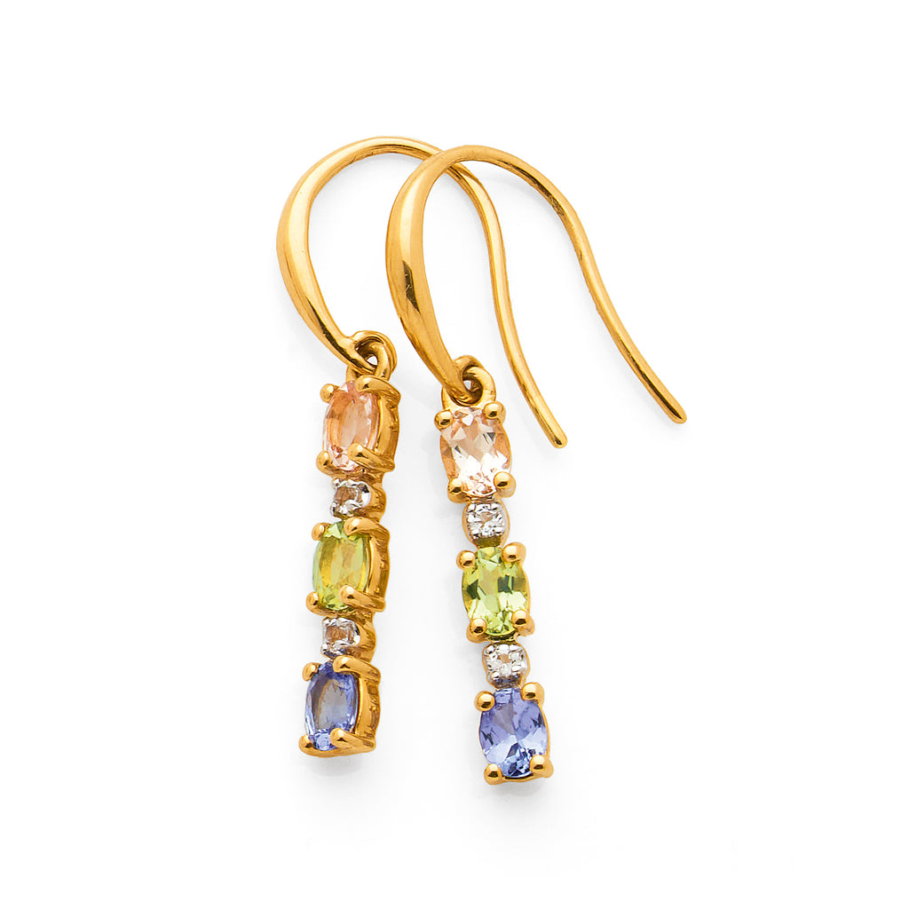 9ct Gold Alternating Mixed Gemstone Drop Hook Earrings