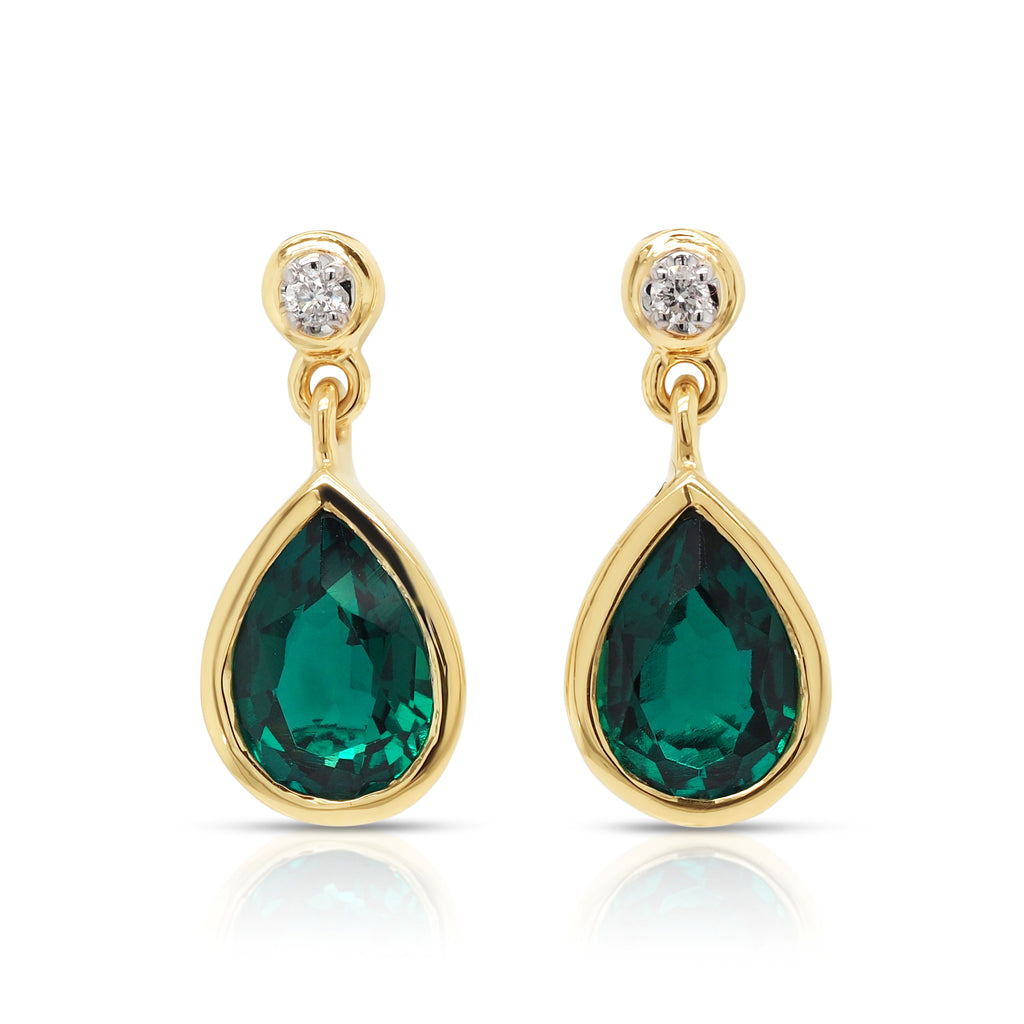 9ct Yellow Gold Pear Shaped Created Emerald & Diamond Drop S