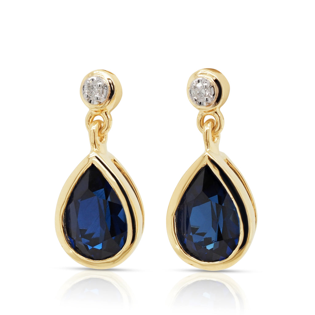 9ct Yellow Gold Pear Shaped Created Sapphire & Diamond Drop