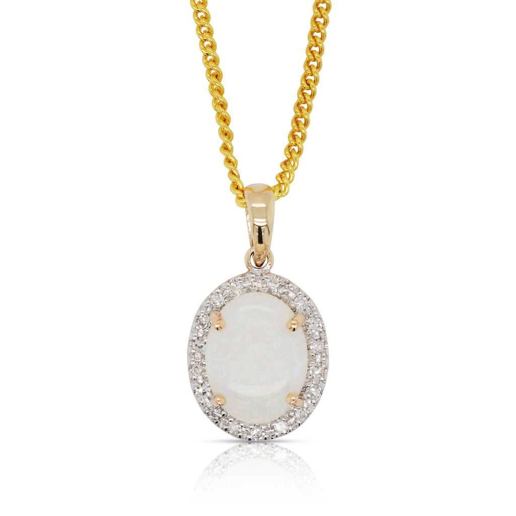 9ct Gold Oval Cabochon Cut Opal & Diamond Halo Pendant