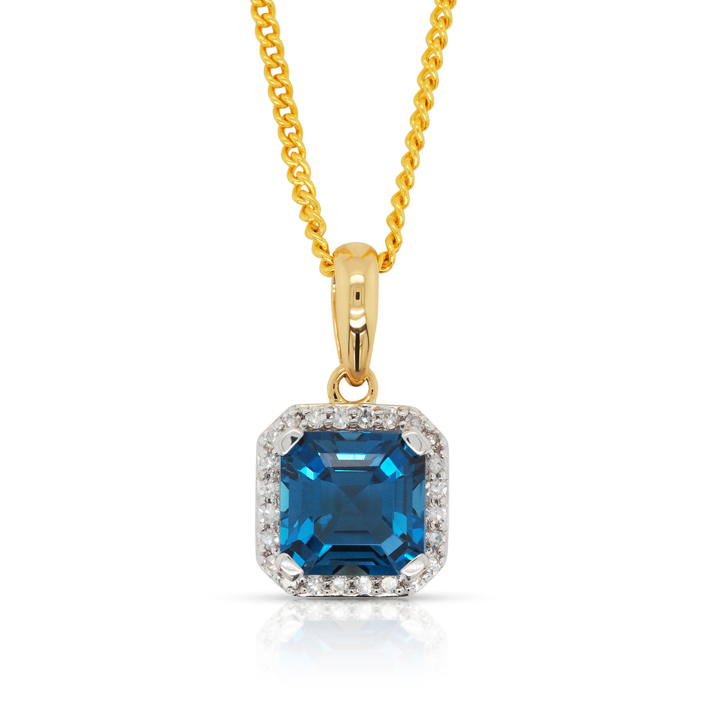 9ct Gold Emerald Cut London Blue Topaz and Diamond Pendant