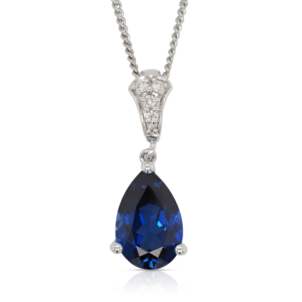 9ct Yellow Gold Pear Shaped Created Sapphire & Diamond Penda