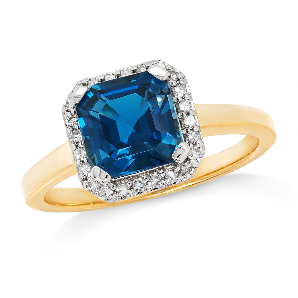 9ct Gold Emerald Cut London Blue Topaz and Diamond Ring